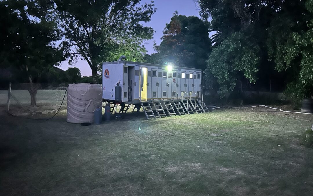 Mobi-Shower portable shower trailers set up at a mountain biking event in South Africa